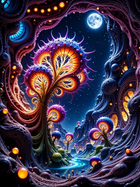ultra-high-resolution, 8k, 4k, professional nature photography, national geographic style, nat geo, science fiction ecosystem, fractal geometry, alien plants with strange coiling bioluminescent ral-frctlgmtry feathery fronds, colored in glowing gradient neon hues, the plants are hanging upside-down, rooted in cracks of the stone ceiling inside a dark alien cavern at night on a distant planet, their organic forms coiled into wondrous spirals, in the background, the caveâs exit opens to an otherworldly night sky filled with stars, an alien moon visible low on the horizon, casting a faint cool glow across the landscape beyond, a shallow reflective pool directly beneath the glowing plant mirrors the luminous tendrils in the dark water, doubling the effect of the bioluminescence of the plants, several softly glowing alien fireflies hover near the glowing feathery fronds, drawn to their light, their own bodies emitting a soft yellow-orange luminescence that provides a visual counterpoint to the cool tones of the plants, medium-wide shot, eye-level perspective looking outward toward the cavern mouth, low ambient lighting with focused bioluminescent highlights from the fronds and insects, cool tones dominating with warm accents from the insect glow, a slight mist in the air enhancing light scatter, captured with a high-resolution digital camera, crisp depth of field, rich color balance and realistic textures, vanilla yellow and midnight purple and dresden blue and chartreuse and burgundy, ovg, alienplants, <lora:alien_plants-flux-by_chronoknight:0.72> <lora:style-fractal_geometry-flux-by_ralfinger:0.6>