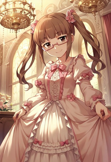 score_9, score_8_up, score_7_up, source_anime,ikebukuro akiha, brown hair, brown eyes, twintails long hair, semi-rimless eyewear, pink-framed eyewear, 1girl, twintails, glasses, solo, dress, smile, frills, flower, bow, chandelier