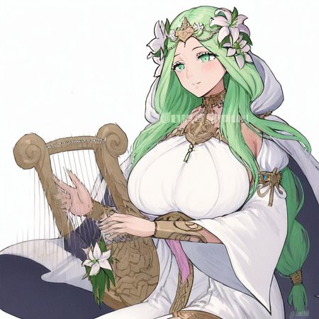 RheaValentine, long hair, green hair, hair flower, hair ornament, green eyes, white dress, large breasts, solo