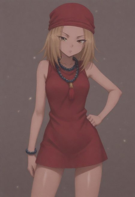 masterpiece, best quality, amazing quality,,, shiny skin,,,,,kojiann, short hair, blonde hair, brown eyes, short dress, sleeveless, bead necklace, red bandana, bracelet, <lora:Anna IXL 2-000013:1>
