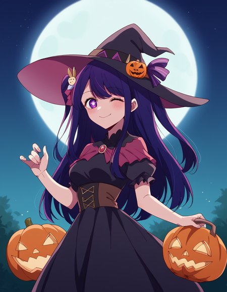 score_9, score_8_up, score_7_up, source_anime, <lora:ai-hoshino-s1-ponyxl-lora-nochekaiser:1>, ai hoshino, long hair, bangs, purple eyes, purple hair, symbol-shaped pupils, one side up, hair ornament, hair ribbon, medium breasts,, <lora:witch-ponyxl-lora-nochekaiser:1>, witch, hat, witch hat, dress, halloween, halloween costume, jewelry,, night, moon, blush, smile, one eye closed,, looking at viewer