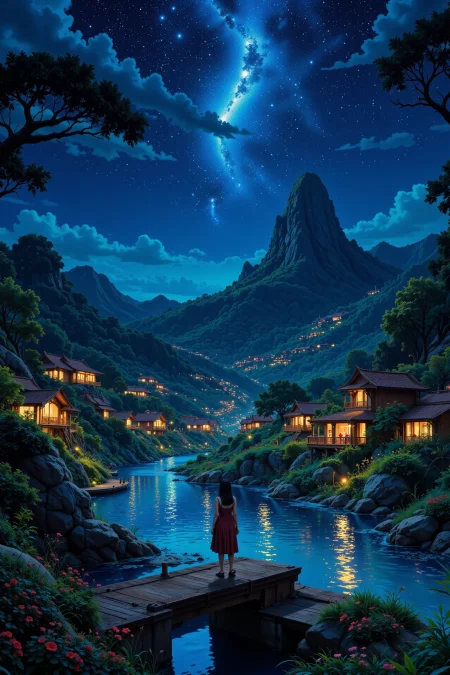 Malaysian beautiful  landscape, bright luminous night, woman, very intricate, very detailed, sharp, bright, colorful, <lora:Hand v2:0.5> <lora:Anti-Blur:1><lora:Insane Detail Slider:0.25>  <lora:flux.1_lora_flyway_Epic-detail_v2:0.3> <lora:fluxenhancer:0.25> <lora:Anime_style:0.7> anime style