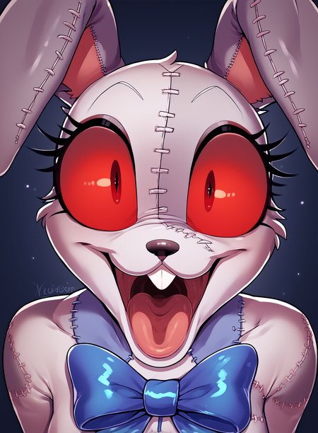 score_9, score_8_up, score_7_up, score_6_up, score_5_up, score_4_up, source_furry, furry, solo, female, vanny, patchwork costume, red sclera, black pupils, long eyelashes, eyeliner, cute expression, mouth shot, open mouth, fluffy, <lora:Vanny_Pony:1>  <lora:Perpleon_PDXL:1>, detailed, beautiful