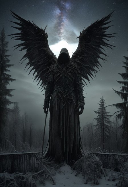 Silent death angel stands facing upcoming dark, sharp lines, extra arms, spreading his wings, detailed armor, extreamly detailed sword, detailed backgrounds, Winter forest, dense forest,starry sky, digital artwork by Beksinski, grainy, masterpiece, extremely detailed, lx, 32k, uhd, dark, low-key, in the style of Kelly Slate, vntblk, dark, digital artwork by Beksinski, ugly, terrible, detailxl, drkms, UHD, 8k, F2.8, RAW Photo, ultra detailed, sharp focus, clear (Style-EMCG:1.5)