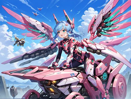 score_9, score_8_up, score_7_up,source_anime,
science fiction,floating, sky, leaning forward,holding huge weapon, 
mechagirl01,solo,mecha musume, 
1girl,mecha,bodysuit, armored core, 
 gloves,headgear,mechanical wings, straddling, 
 <lora:mechagirl-000002:0.7>