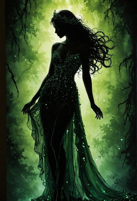 Silhouette Art, breathtaking (absurdres divine aesthetic FaeTastic extravaganza alcohol ink sketch). amazing, fine, detailed, masterpiece, lovely, charming, awe-inspiring, radiant, magnificent.
(all dark hues and fine vibrant green glowing smoldering accent and shiny silver color scheme:1.02), glossy.
<lora:InkArtXL_1.2:0.4> award-winning, professional, highly detailed . extremely high-resolution details, photographic, realism pushed to extreme, fine texture, incredibly lifelike, high contrast, well defined, (masterpiece, award winning artwork) many details, extreme detailed, full of details, Wide range of colors, high Dynamic <lora:add-detail-xl:1> <lora:WildcardX-XL-Detail-Enhancer:0.9> <lora:SDXLFaeTastic2400:0.085> <lora:MJ52:0.185> <lora:sinfully_stylish_SDKL:0.11> <lora:casting shadow style v2:0.1> <lora:CinematicStyle_v1:0.42> casting shadow style, cucoloris patterned illumination