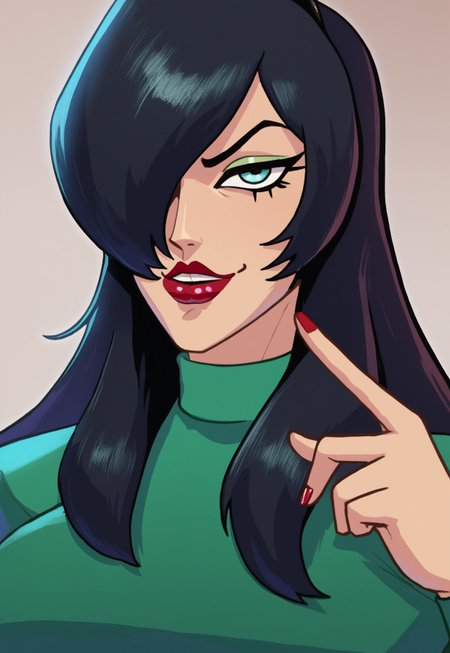 score_9, score_8_up, score_7_up, score_6_up, masterpiece, absurdres, source_comics, detailed,(perfect anatomy:1.1),  perfect body, (perfect hands:1.2), (full-body shot:1.2), csr style, dynamic light
BREAK
junkop2, black hair, very long hair, hair over one eye, green eyes, lipstick, green dress, turtleneck, half open eye, pouting, smug, cocky pose