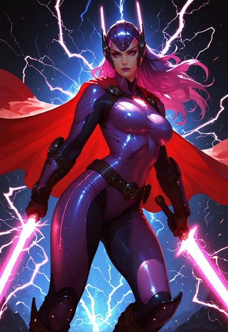1girl, sword, cape, weapon, solo, gloves, long hair, pink hair, bodysuit, , electricity, boots, breasts, lightning, red cape, armor, medium breasts, science fiction, energy sword, energy, ,  superhero, makeup, purple hair, glowing, , helmet, headgear,  lipstick, fantasy,, masterwork, masterpiece, best quality, dynamic lighting , dynamic pose,,  dynamic angle, , , (realistic:1.2), (lineless:1.2), detailed, <lora:Detailer_NoobAI_Incrs_v1:0.75>, , aged up, adult, depth of field, dynamic lighting, blurry, cheekbones,