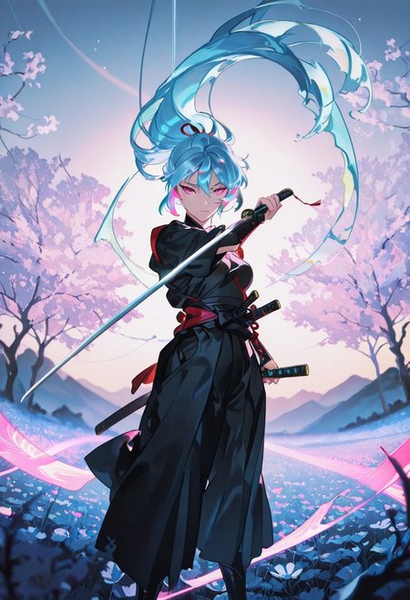 <lora:ck-yoneyama-mai-IL-000014:1>, masterpiece, best quality, good quality, very aesthetic, absurdres, newest, 8K, depth of field, focused subject, 
dynamic angle, medium close up, wabi sabi, 1girl, samurai, ethereal presence, long flowing pastel blue hair, wielding a glowing katana, standing, cherry blossom field at dusk, soft lighting, vibrant neon highlights, Yoneyama Mai style, highly detailed anime illustration, dreamlike atmosphere, cinematic composition
ckym, in the style of ckym,