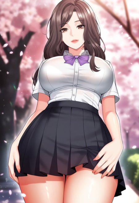 masterpiece, best quality, amazing quality,seo jeongah, brown eyes, brown hair, mature female, long hair,1girl, breasts, large breasts,solo,school uniform,pleated skirt,white shirt, black skirt, purple bow,short sleeves, parted lips, light smile, standing, looking at viewer, cowboy shot, blurry background, outdoors, school, cherry blossoms <lora:seo jeongahV1:0.9>