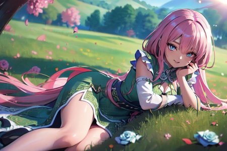 (masterpiece:1.4), 4K8K, (anime style), (high shutterspeed:1.4), (sharp edges), 
SyFyEye1, FanFo, 
1woman  hands togather,  leaning foward, face focus, smile, closed mouth, 
wearing Celtic style dress, (Detailed face, Detailed eyes, Detailed lips), (solo), 
pink hair, any colored roses, Fantastic, grass firld, lakeside,