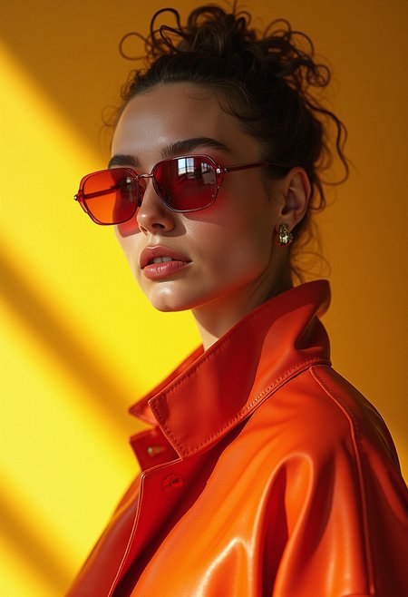 Candid image, photography, natural textures, highly realistic light, editorial, Capture the essence of 90s studio fashion editorials with a contemporary twist. Envision a minimalist studio with bold, clean backgrounds, showcasing a model as the centerpiece. Dress the subject in vibrant, postmodernist ensembles, mixing textures and bright colors. Create dramatic lighting producing sharp, contrasting shadows. Emulate the visual quality of a high-end medium format camera, with a wide dynamic range and crisp details. Emphasize textures in clothing and skin for a hyperrealistic finish. The overall composition should exude a blend of retro glamour and modern sophistication.nostalgic scenes, medium body shot, mid distance subject wide shot