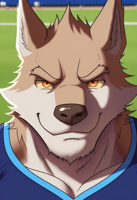 <lora:WyattBYH:1>, wyatt, wolf boy, wolf tail, orange eyes, yellow sclera, perfecteyes, furry male, furry, brown fur, muscular male, bara, athletic build, large pectorals, solo, 1boy, beautiful, hyper-detailed, highres, amazing quality, very aesthetic, depth of field, vibrant colors, high sharpness, soft shading, photorealistic, photorealism, dynamic angle, cinematic lighting, detailed background, football field, blue shirt. white pants, sportswear, sweaty, narrowed eyes, close up, face focus, portrait, smile
