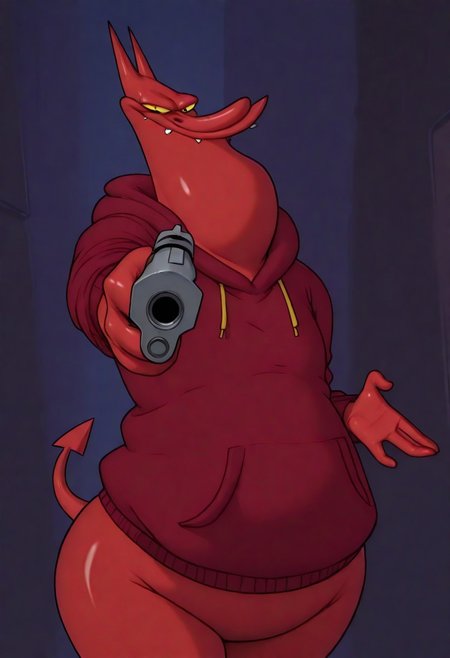 Masterpiece, best quality, highly detailed, absurdres, 1boy, solo, r3dguy, d3vil, devil, (pokemon) creature, red skin, tail, chubby, aiming gun at viwer, gunatyou, gold chain, hood, hoodie, dark alleyway background, night,