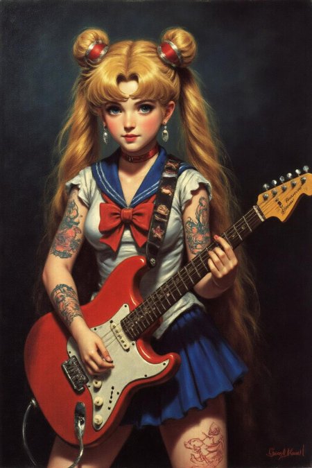 jore1 painting. 
punk sailor moon playing a guitar at a heavy metal mosh pit, tattoos, piercing.
 <lora:jore1_cap_d6a3e12:1.0><lora:818388263141184059:0>