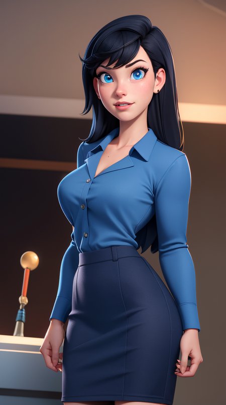 1woman, cowboy shot,  lois lane, dc, cartoon, black hair, long hair, blue eyes, collared shirt, long sleeves, pencil skirt, collarbone, large breasts, wide hips
 <lora:LoisLane 100:1:lbw=CT>, masterpiece, high detailed, ultra realistic digital art, a 3D render,