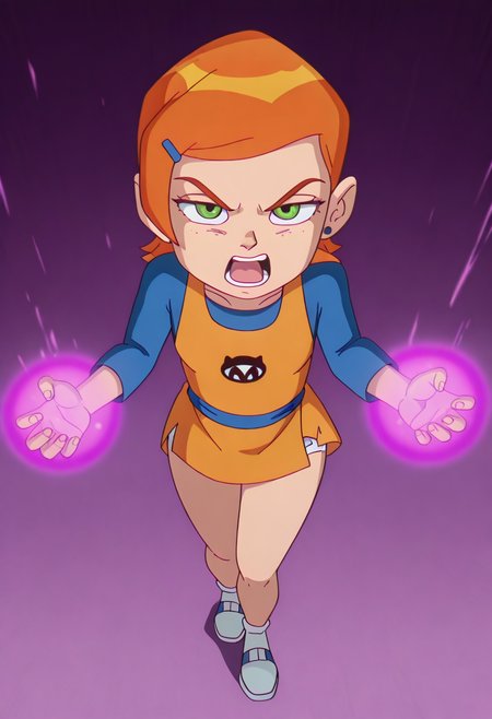 safe_pos, score_9_up, score_8_up, score_7_up, drgbl, perfect, perfection, perfect style, style dbz, 1girl, Gwen_Tennyson, orange hair, short hair, green eyes, freckles, cute, smug, petite body, small waist, curvy, thighs, small breasts, orange dougi, open mouth, outstrecthed arms, torn clothes, shouting, front, energy, energy ball,