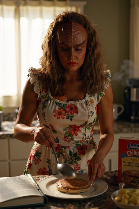 A hyper-realistic portrait, photorealistic photo close-up image of  A Klingon woman with ridged forehead and fierce expression stands in a modern kitchen, wearing a floral apron over her regular clothes. Sheâs holding a spatula in one hand and flipping pancakes with the other, her concentration intense as if sheâs performing a battle maneuver. Behind her, a box of pancake mix sits open on the counter, along with an overly detailed recipe book. The sunlight pours in through the window, casting a warm, domestic glow over the scene. However, her aggressive stance and warrior's frown make the breakfast preparation look more like a fight than a peaceful morning. In the background, a coffee maker steams quietly, contrasting with her dramatic presence. (photography, high-resolution, dynamic, energetic,hyper-realistic, dramatic lighting, shallow depth of field.)<lora:aidmaMJ6.1-FLUX-V0.1:0.6><lora:Movie_Portrait><lora:Flux DetailerV2><lora:klingon_FLUX:1.1>