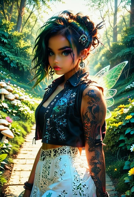 Goth, emo, fairy, humanoid feminine fairy, dark skin, intricate pearlescent horns set against a vibrant green background. Full body shot The fairie face is expressive, with a hint of curiosity and intelligence in its gaze. Its body is covered in intricate patterns and markings, suggesting a complex and ancient culture. The background is filled with flowers and mushrooms, creating a sense of mystery and wonder. The flowers in her hair are a perfect, and they add a touch of femininity to her otherwise magical appearance. The forest is a perfect setting for this image, and it adds to the overall sense of mystery and intrigue. The fairies wings are sleek and shiny.
BREAK
HDR, (high contrast), (vibrant color), (ultra sharp), detailed textures, sharp focus, ultra-high pixel detail, intricate, realistic, movie scene, cinematic, high-quality, full colors, incredibly detailed, 4k, 8k, 16k, hyper-realistic, RAW photo, masterpiece, ultra-detailed, professionally color graded, professional photography, stunning quality, ultra-high resolution, photorealistic, 8k, hyper-realistic, Rembrandt lighting