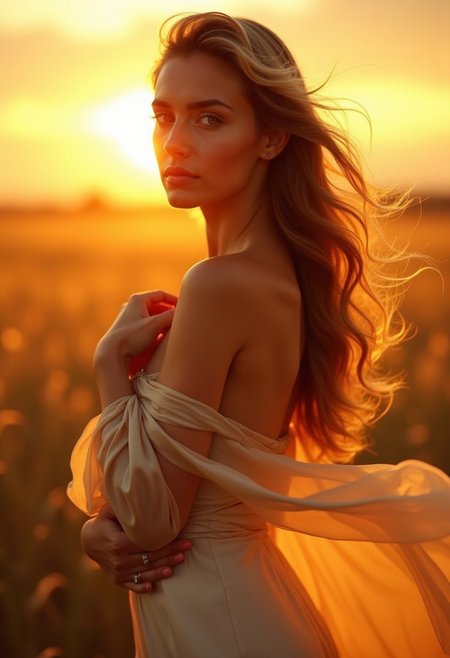 A breathtakingly beautiful woman standing under the golden glow of a sunset, her presence exuding an almost magical allure. She wears a flowing, silk dress that hugs her figure in all the right places, shimmering with subtle reflections of the fading sunlight. The fabric dances gently in the wind, enhancing her graceful movements as she turns slightly, gazing softly into the distance. Her long, wavy hair cascades down her back, glowing like molten gold, while a few loose strands frame her flawless, delicate face.
The camera captures her from a slightly above, angled perspective, as though she’s being admired from a high viewpoint, emphasizing her elegance and poise. Her eyes, a deep shade of blue, shine with warmth and mystery, drawing anyone who looks into them deeper. Her lips are soft and inviting, a subtle rosy pink, and her skin glows with a radiant, natural beauty. Her fingers, adorned with delicate rings, rest gently on her collarbone, adding to the gracefulness of the pose.
Soft, golden light from the setting sun illuminates her figure, casting a warm glow that blends seamlessly with the hues of the sky. In the background, rolling hills and distant mountains bathe in the light of dusk, giving the entire scene a dreamlike quality. Everything about her presence exudes charm, elegance, and a captivating sense of calm. Her pose is relaxed yet full of allure, and the subtle smile on her lips makes it impossible not to fall in love with her.