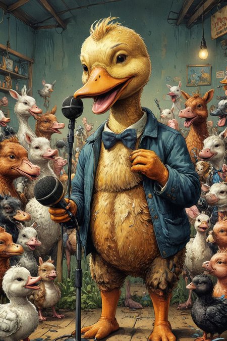 Duck with a microphone, performing stand-up comedy, audience of farm animals laughing 
(masterpiece, award winning artwork)
many details, extreme detailed, full of details,
Wide range of colors, high Dynamic
 <lora:xl_more_art-full_v1:0.65> 
 <lora:InkArtXL_1.2:0.8> ink art, line art 
<lora:EldritchMixIllustration_1.0:0.25>
 <lora:xray:0.21>