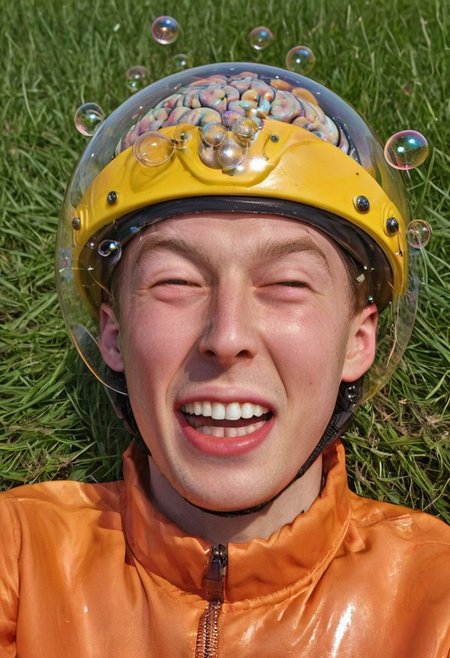 (8k, RAW photo, highly detailed, masterpiece, highest quality, hyper realistic, intricately detailed, vivid and vibrant colors, centred and symmetrical), a photo of a laughing boy, grinning, furrowed brows, closed eyes, squeezing eyes, pointing pistol, (sheetface), (XUER Liquid chromium brain), transparent helmet, orange jumpsuit, in a meadow, bubbles falling from the sky in the background, in spring time, looking at viewer, (low angle, wide shot, wide-angle lens), high fashion, fashion photography, sharp focus, sharp image, centred and symmetrical, science fiction,