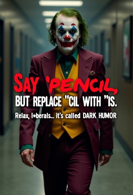This is a cinematic scene featuring a character resembling the Joker from the 2019 movie, walking confidently in a blurred indoor setting. He is dressed in a burgundy suit, mustard vest, and green shirt, with his clown makeup clearly visible. Overlaying the image is bold, white and red text with a humorous and edgy tone, stating: 'Say "pencil" BUT replace the "cil" with "is". Relax, l*berals... it's called DARK HUMOR.' The text is prominently placed in the center, designed to be the focus of the image, with a casual and provocative vibe