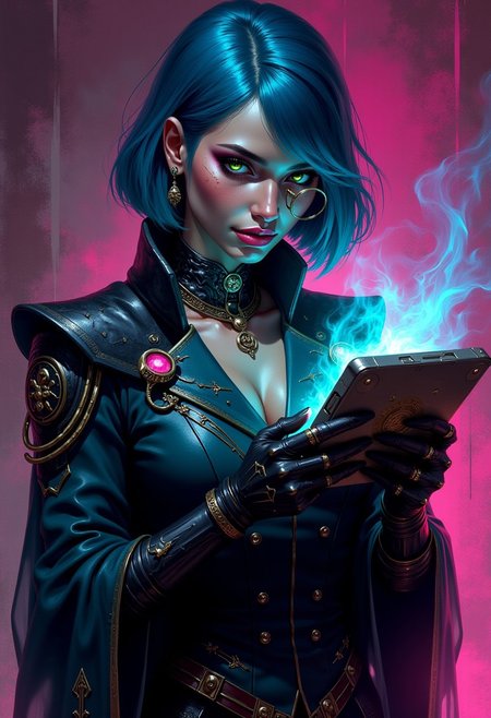 Full body Contemporary witch military, mechanic implantes holding a Arcane tablet with two hands Illustrate  body eletric russian woman, eye liner, earring, necklace, mature confident, assymetrical a-bob neon blue hair, Green eyes, neon pink lipstick, using a monocle, large breasts, Oiled body, expression, in suggestive way, her fitted suit enhancing her, strong, captivating presence. Her gaze is intense and inviting, with a subtle, knowing smile that exudes. allowing her confident."