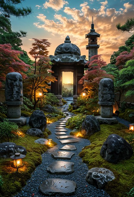 d577:0.25, A realistic Japanese courtyard garden with moss-covered mounds,natural stones and neatly arranged stepping stones forming a winding path, wabi-sabi aesthetics, spatial layering, and material harmony, a pathway leading to a pagoda in a japanese garden at sunset with lanterns lit on the ground and trees in the background, sky trees and grass and trees and rocks and sunset and sunset is in backgrouds in background and sunset ' s, cinematic lighting, glossy paper, iso150, 35mm, score_9, score_8_up, score_7_up, intricate details, Hyperrealism style, 3d, concept-art, dreaminess, psychedelic, shallow-depth-of-field, cinematic lighting, soft bokeh, very beautiful composition, Unreal, real-time 3D, Epic Games style, Unreal Engine style, 3d-rendering, vibrant contrast depth and shadow enhanced using (Gaussian blur) for a soft background focus, (sharpen filter) applied, (color grading) to enhance contrast between warm and cool tones, (noise reduction) for a smooth, clean finish, (HDR toning) used for extra depth and detail, highly detailed dreamy background detailed skin texture, subsurface scattering award-winning, professional, highly detailed . dreamlike, mysterious, provocative, symbolic, intricate, detailed, hyper-detailed, masterpiece, award winning, midjourneyv6.1
