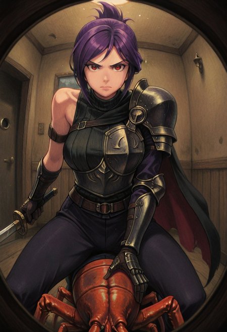 best quality, masterpiece, sfw,
n0m0, (pov peephole:1.3), riding lobster, fisheye, artist: beksinski, traditional media, painting (medium),
close-up shot, view from aside, 
solo, holding sword, dynamic fighting pose,
1girl, 
sabia, human, purple hair, red eyes, folded ponytail,
armor, single shoulder armor, cape, single bare shoulder, clothed,
large breasts,  
looking at viewer, closed mouth,