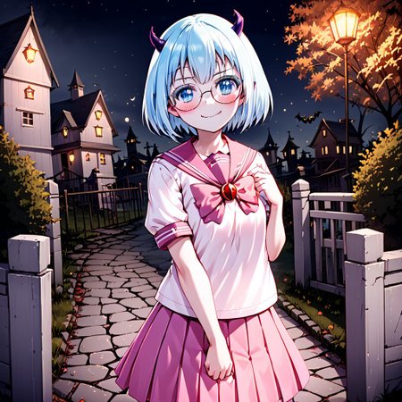 best quality, masterpiece, detailed, Crocell Kerori, smile, closed mouth, light blush, happy, light blue hair, short hair, blue eyes, horns, round eyewear, colored eyelashes, KeroriSchoolUniform, school uniform, serafuku, pink skirt, bow, standing, looking at the viewer, halloween, outdoors, night.