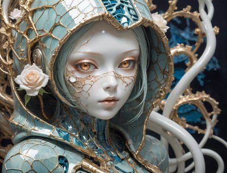 an image of fractal (creepy masterpiece anime artwork by Tsutomu Nihei, a [porcelain doll woman:beautiful porcelain woman:5], otherworldly beauty, kintsugi skin,  sensual gaze, a cute face, cracked porcelain, shiny reflective surface, hood, anime proportions, highres, 8k, by HR Giger, cybernetic robotic, strange but beautiful sci-fi, dystopian future,  otherworldly, wild and untamed, highly detailed, intricately detailed,) made of  multidimensional  incense and mysterious  lumps of    platinum with knurled vortexes  of    petal, rose_gold_metallic and seafoam_blue and tea_orange ,warm lighting,   highly detailed masterpiece, absurdres,