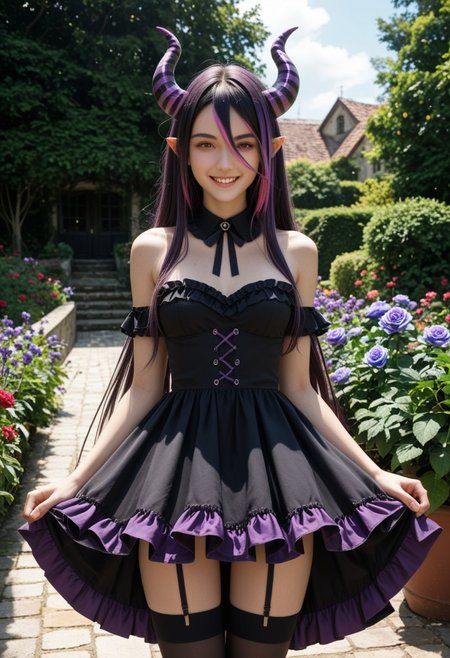 score_9_up, score_8_up, score_7_up, score_6_up, 1girl, 25 years old, perfect face, (adult), sexy, 
demon girl, demon horns, huge horns, striped horns, black horns, purple horns, 
pointy ears, multicolored hair, streaked hair, (purple hair), black hair, long hair, very long hair, hair between eyes,
detached collar, black bow, black dress, frilled dress, frills, black thighhighs, 
garden, purple roses, 
smile, 
standing, cowboy shot, watson cross,