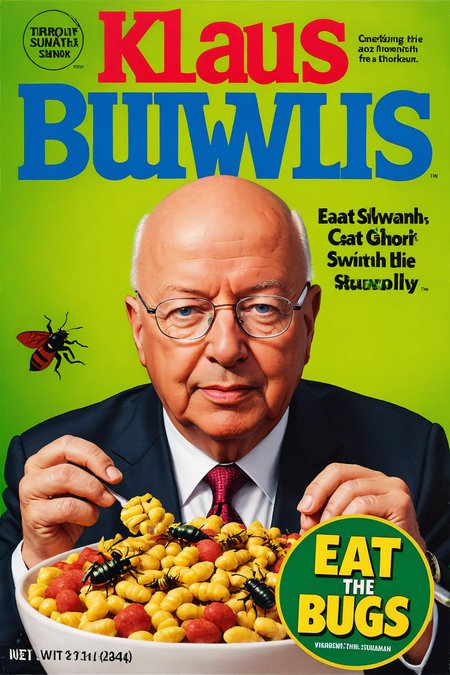 klaus schwab, "klaus schwab" eat the bugs,  <lora:cereal_box_sdxl_v1:0.7>