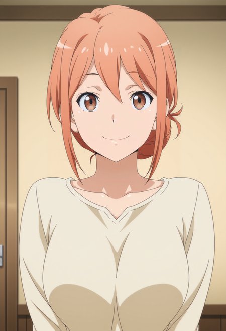 1girl,solo,mm,mature female,hair bun,orange hair,brown eyes,anime coloring, 
shirt,upper body, looking at viewer, smile,indoors
,masterpiece,best quality,amazing quality,<lora:Mother_Yuigahama-Yahari_Ore_no_Seishun_Love_Comedy_wa_Machigatteiru:0.8>