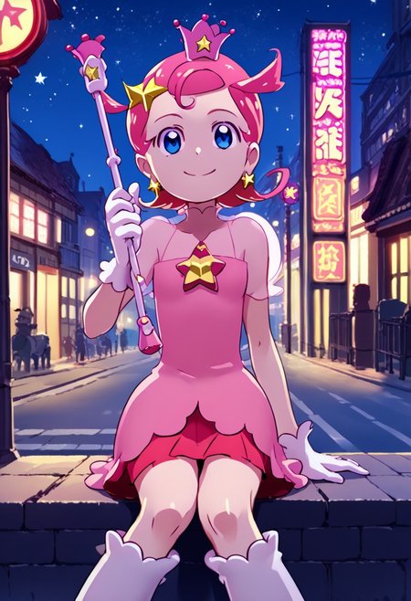 score_9, score_8_up, score_7_up,source_anime,japan street view, city view,komettosan, crown, head star accessory, ear accessory, female, pink hair, short hair, blue eyes, one piece dress,smile,sitting,boots,night, star,white gloves,holding stick