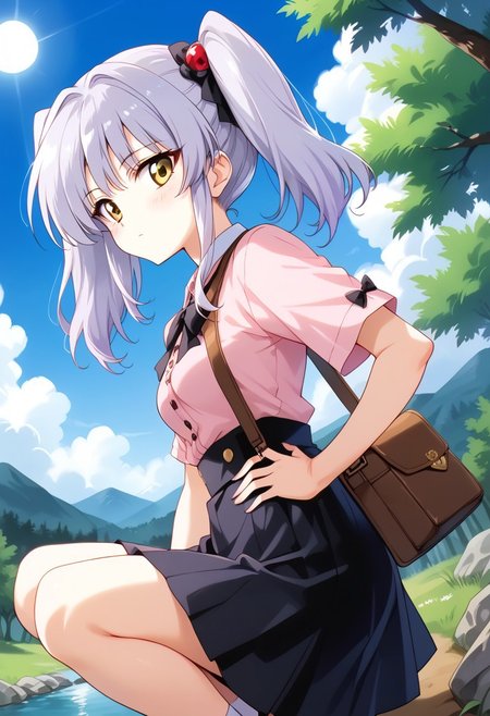 score_9, score_8_up, score_7_up, score_6_up, score_5_up, score_4_up, epic-Ultra-HD-details, epic-Ultra-HD-highlights, 2.5D-upscaled-resolution, source_anime, digital-quality, semi-realism, physically-realistic, lit, cutesie,
afrobullstyle, 
BREAK source_anime, anime, best quality, masterpiece, rating_safe, uncensored, High quality, 8k, Ultra, 
BREAK (outdoors,Forest, trees, river, rocks, mountains, blue sky, sun, cumulonimbus clouds),
BREAK  1girl, hoshino ruri,yellow eyes,silver hair,1990s_(style),retro artstyle,
irai kei, bow, bag,pink shirt,black skirt,
BREAK ((cowboy shot)),(squatting),(from below),(((from side))),
busty breasts,(small breasts:1.2), 
looking at viewer,hand in own hip,Blush,
