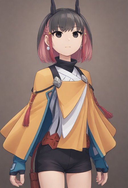 score_4,score_5,score_6,score_7_up,score_8_up,score_9
JSK Studio,Multi view
(masterpiece,best quality,ultra detailed,highres,HD,4k:1.2)),
jyuukyuu, flat color, deformed, deformed characters, round face,
mob face,black eyes, eyes filled with black,
Kirin,multicolored hair,short hair,black hair,pink hair,tattoo,sidelocks,head gear,
yellow cape,yellow top,white shirt,fingerless gloves,shorts,black shorts,jewelry,earrings,
