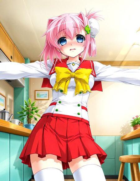(1girl, solo:1.3), (2girls, 3girls, 4girls, multiple girls, 2boys, 3boys, 4boys, multiple boys:-1.5) <lora:Ainame_Chisato_Hachukano_Illustrious:0.9>, Ainame Chisato, medium breasts, blue eyes, pink hair, short hair, bangs, hair intakes, hair between eyes, sidelocks, bun cover, single hair bun, hair bun, four-leaf clover hair ornament, clover hair ornament, hair ornament, school uniform, serafuku, sailor collar, long sleeves, yellow bow, bowtie, pleated skirt, plaid skirt, red skirt, miniskirt, white thighhighs embarrassed, open eyes, general, contrapposto, dynamic pose, outstretched arms, portrait, straight-on, from below, , indoors, cafeteria, cafe, wooden stool, plant, potted plant, flower, (perspective:0.7), <lora:NOOB_EPSv1_1_detailer_by_vlnvk_v1_0:1.5>, (photo background:0.7), evening, (tachibana yuu:0.6), inue shinsuke, (kazuma muramasa:0.0), saikawa yusa, (aoi manabu:0.6), abarerumidori, (suzui narumi:0.6), masterpiece, newest, absurdres, 8K, anime screenshot, anime coloring, flat color, official art, film grain, <lora:illustriousXLv01_stabilizer_v1.185c:0.7>, <lora:LECO_Solo:-4.0>,