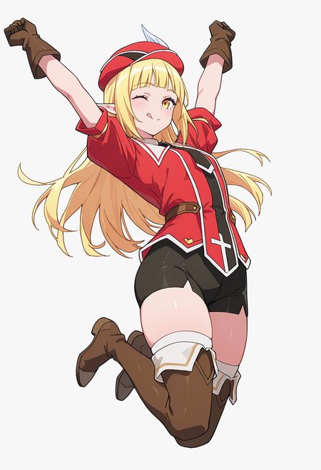 Smooth Quality,masterpiece,very intricate, high quality details, ultra realistic, high detailed skin,detailed enviorement,absurdres,
clenched hand,solo,
 <lora:Rune_Noma_CNR:0.8> rune_cnr, pointy ears, blonde hair, long hair, yellow eyes, blunt bangs, elf, thighhighs, thigh boots, shorts, gloves, red hat, hat feather, beret, short sleeves, necktie,, simple background, white background, from below,
jumping, arms raised, legs bent, happy face, energetic posture,  ,, ;q,
