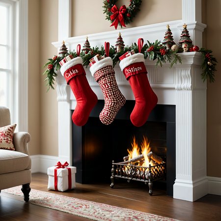 Elaborate Christmas stockings. Hanging from the mantel over the fireplace.

<lora:Socks01_CE_XL_300-OT:0.6> scksCE_style