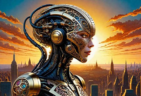 masterpiece+++,by william Stout,  (filigreed , marvel comic style but extremely beautiful:1.4), (intricate details, masterpiece, best quality:1.4) ,
Biomechanical cyberpunk, cybernetics, human-machine fusion, dystopian, organic meets artificial, dark, intricate, ultradetailed, intricate, sunset photo, 8k, light bloom