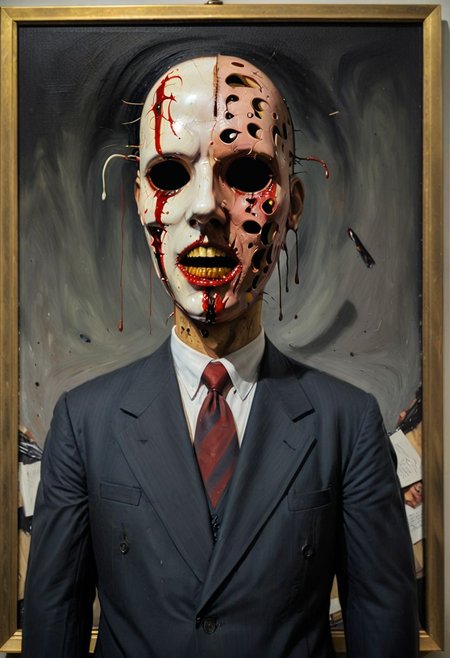 Oil painting on canvas, 1940s masterwork titled My head is slicing into enigmatic sections, and my primary symptom is that I have no face, but I must see. The subject of the painting is a businessman, a psychopathic expression of American disdain, their face expressively  pained intermingled with notes of confusion, and despite the psychopathic business suit dressing, one can't help but feel empathy towards this central character, the mask taking on a reflection of our own internal unrecognized pain.  Internationally recognized oil painting by The Master, sold at auction for 23 million USD.