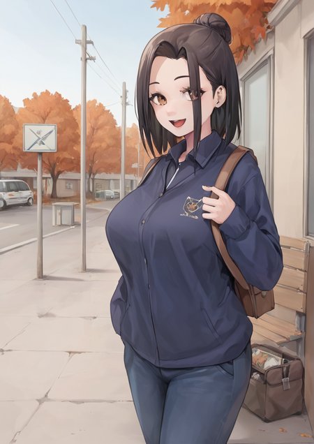 1girl, huge breast, furry female, furry, :d, autumn leaves, backpack, bag, bench, black hair, blue jacket, brown bag, brown eyes, building, cathedral, day, denim, hair bun, half updo, holding, holding map, jacket, jeans, looking at viewer, map, medium hair, open mouth, outdoors, pants, park bench, power lines, road, road sign, sign, single hair bun, smile, solo, streetcar, sweater, trash can, tree, <lora:fuguta-kemasuo:1>