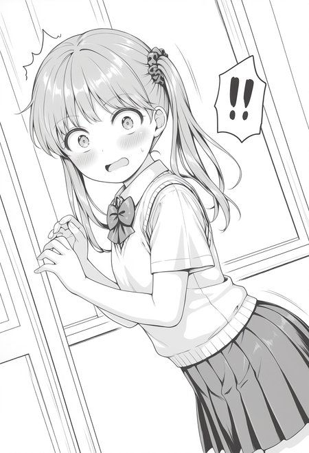 highres, best quality, masterpiece, indoors,
1girl, solo, otomoyki, long hair, twintails, hair scrunchie, flat chest, monochrome, greyscale,
school uniform, bowtie, short sleeves, shirt, vest, pleated skirt, skirt,
looking at viewer, blush, embarrassed,
hands up, surprised, from side, leaning forward, motion lines, constricted pupils, !!, dutch angle,
<lora:_yuki_otoomo-elesico-ilxlD:1>