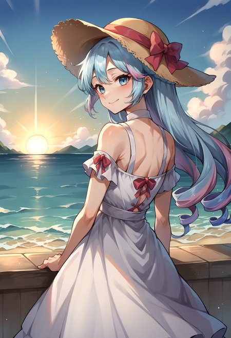 score_9, score_8_up,score_7_up, source_anime, 1boy, solo, otoko no ko, <lora:EPfeRosadoPony_epoch_6:0.9>, EPfeRosado, blue hair, multicolored hair,blue eyes, very long hair, pink hair, twin drills, drill hair, hair bun, cone hair bun, crossdressing, 
 smile, from behind, white dress, looking back, blush, arms behind back, bare shoulders, male focus, looking at viewer, hat, back, dress, sundress, outdoors, sun hat, sky, sunset, ocean, reflective water,