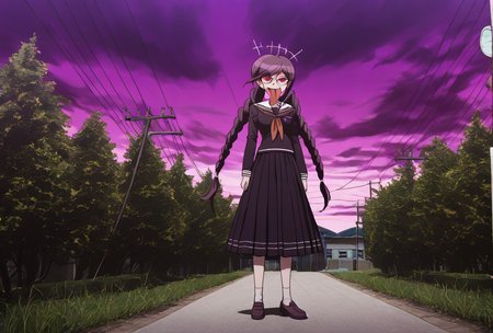 (((solo))), masterpiece, best quality, very aesthetic,  modern, modern anime,  wide shot , annoyed expression  , (((solo))),danganronpa_(series),<lora:Toko_Fukawa_Illustrious:1>,  This anime screencap is from Danganronpa the Animation. Genocider Sho has a  excited expression . Genocider Sho is enacting a moon walk  amid A panoramic view of the person looking up at a cloudy sky with a couple of tall radio antennas in the distance. The sky is a pale white with a faint, light blue tint. The antennas appear as thin, black lines, separated by a large distance. There are trees lining the horizon, blocking the view of the rest of the sky. The trees closest to the viewer are in the foreground, with the tallest branches reaching upwards against the sky. The foreground trees are dark in color. Further back in the distance the trees appear more muted and hazy and appear to be a mix of green and yellow leaves, though they are primarily green.  The sky is very hazy, obscuring the lines between the clouds and the trees in the distance. It's a fall day with cool temperatures, and it captures the essence of autumn with the yellowing trees and the muted lighting.  Genocider Sho wearing her uniform from Danganronpa 1. Her uniform is purple with a lengthy skirt that extends past her knees. Her long dark purple hair is styled in two braids that extend past her waist. She has large round glasses over her red eyes. Her abnormally large tongue hangs out of her mouth. She is wearing white socks and brown loafers.