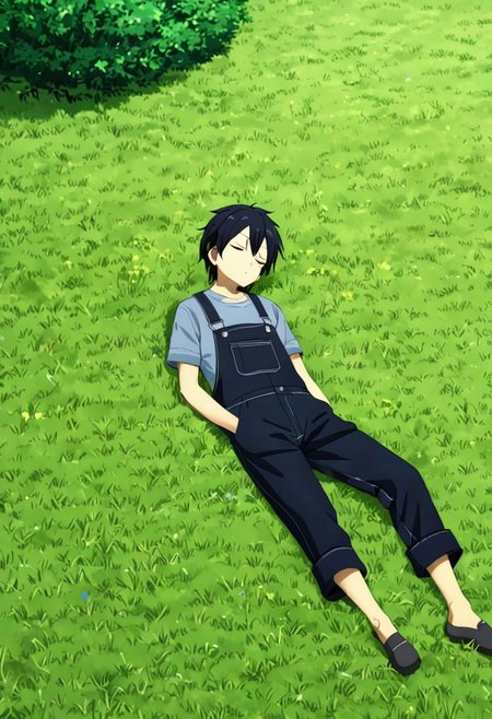 high resolution, professional photography, best quality, 1Boy, Kirigaya Kazuto, Black Hair, Black Eyes, overalldetail, relax, nap, sleepy, meadow, hill, bush, grass, under a shady tree, gentle breeze