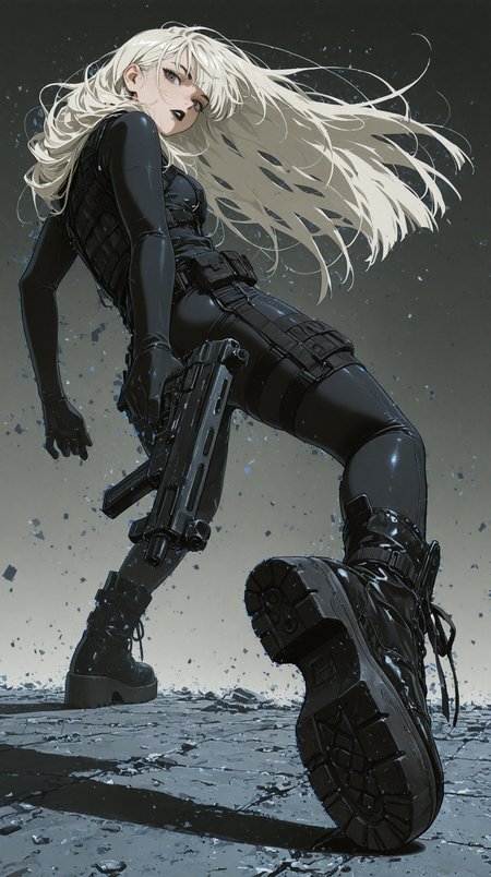 masterpiece, best quality, amazing quality, very aesthetic, absurdres, newest, scenery, anime coloring,
female, solo, platinum blonde hair, long hair, messy hair, hair behind ear, grey eyes, detailed eyes, black eyebrows, black lipstick, parted lips,
black bodysuit, tactical clothes, tactical gear, straps, combat boots, platform boots, black boots,
submachine gun, holding weapon, dynamic pose, arched_leg, looking at viewer, looking back, 
from below, studio_background, grey background, gradient background, cinematic, glitch techs, glitch_background