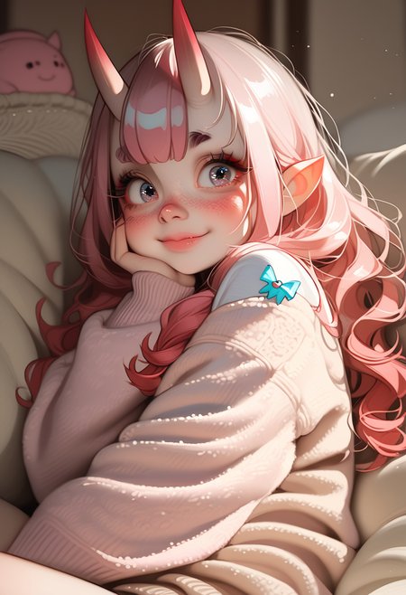 score_9, score_8_up, score_7_up, highly detailed, sharp focus, HD, (1girl:1.4), ((solo)), ((pale skin:1.3)), (cute young oni girl:1.5), small sharp horns, (big expressive eyes:1.3), (soft pink blush:1.2), ((long fluffy pastel pink hair:1.4)), slightly messy hair, shy smile, wearing a cozy sweater, (small black horns:1.3), (pointy ears:1.2), (tiny bat wings:1.2), soft freckles, fantasy-inspired outfit, (Japanese-style modern room:1.4), cozy house interior, warm lighting, sitting on a plush futon, hugging a pillow, cute pose, playful expression, charming, soft anime shading, ultra-detailed fabric folds, elegant color balance, soft glowing ambient light
 <lora:Expressive_H:1> <lora:incase-ilff-v3-4:0.6> <lora:MoriiMee_Gothic_Niji_Style_Illustrious_r1:0.7>